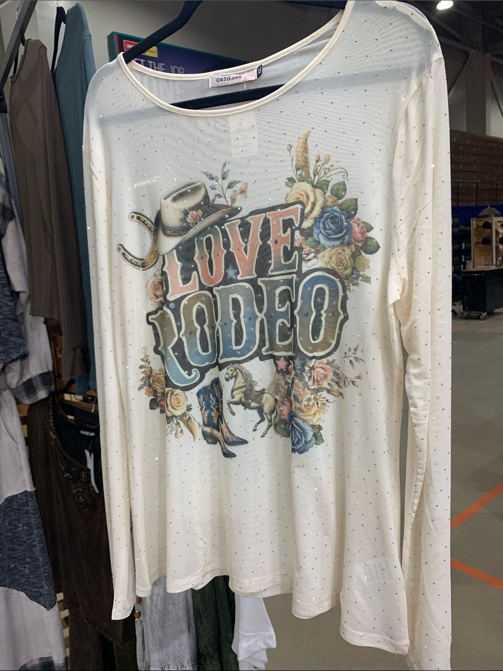 Origami Cream 'Love Rodeo' Long-Sleeve sheer top with stones